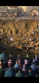 Epic crowd gathered around a massive crater in a vibrant setting.