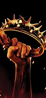 Hand gripping a crown with fiery embers on a dark background.