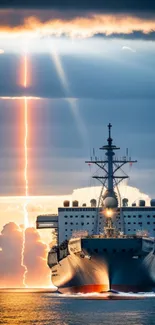 Majestic cruise ship with lightning bolt in open sea at sunset.