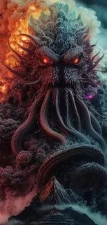 Epic Cthulhu wallpaper with fiery clouds and mysterious creature.