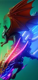 Futuristic, vibrant cyber dragon on green, neon background.