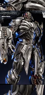 Futuristic robotic figure in metallic armor with blue highlights, set as a mobile wallpaper.