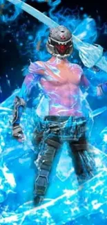 Futuristic cyber warrior with sword and blue energy background.