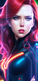 Beautiful cyberpunk heroine with neon lights and vibrant colors in digital art style.