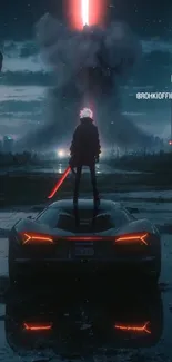 A lone figure on a car amidst a cyberpunk cityscape at night with neon lights.