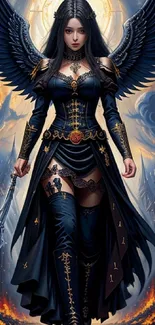 Dark angel artwork with wings and warrior in a fantasy setting.