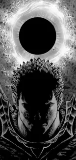 Dark silhouette of a warrior under a celestial eclipse.