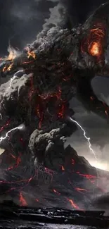 Epic dark creature in stormy setting with lightning and volcanic elements.