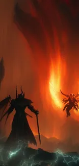 Epic fiery battle scene in dark fantasy art style.