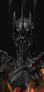 Dark armored figure with flames in fantasy wallpaper.