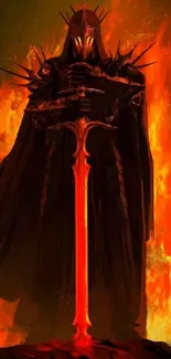 Menacing dark figure with flame background holding a glowing red sword.