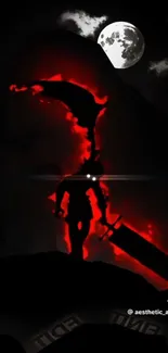 Silhouette of a warrior with a large sword against a red sky and moon.