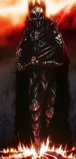 Dark fantasy warrior with fiery backdrop.