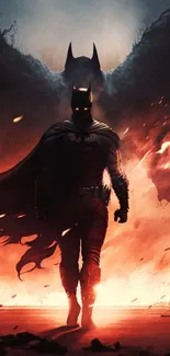 Dark hero silhouette against fiery sky wallpaper.