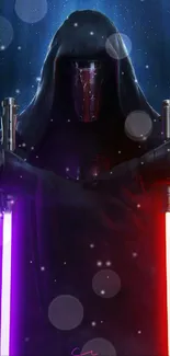 Dark Jedi holding red and purple lightsabers in a space-themed wallpaper.