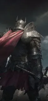 Mysterious armored knight with red cape standing in a stormy battlefield.