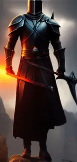 Epic dark knight with glowing sword in fiery landscape.