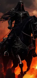 A dark knight rides a black horse amidst fiery background.