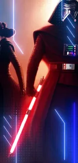 Star Wars characters with red lightsaber in epic duel scene.