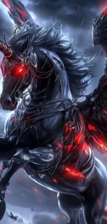 Dark unicorn with glowing red eyes and wings.
