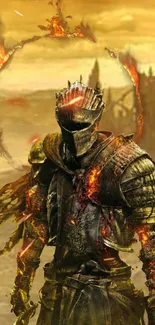 Epic medieval warrior in burning armor with fiery background.