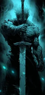 Epic dark warrior holding a glowing sword in fantasy art wallpaper.