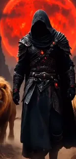 Dark warrior with lions and red moon background.