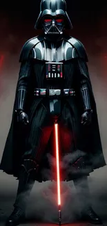 Epic dark warrior with red lightsaber, standing dramatically.