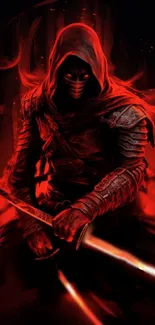 Intense red and black warrior with glowing swords in a dark setting.