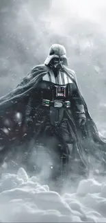 Dark warrior standing in a stormy, snowy landscape, cinematic mobile wallpaper.