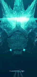 Deep sea monster with glowing aqua eyes in the ocean depths.