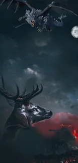 Epic wallpaper with dragon, deer, and moon.