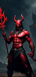 Red-skinned demon warrior in a fiery fantasy setting.