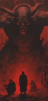 Epic fantasy scene with a demon and a red glow background.