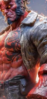 Powerful demon warrior with tattoos and fiery backdrop.