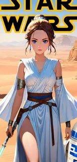 Warrior and droid in desert landscape mobile wallpaper.