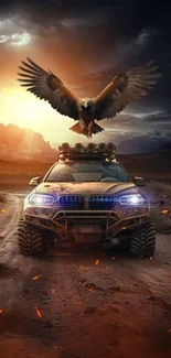 Epic desert scene with vehicle and eagle under dramatic sunset sky.
