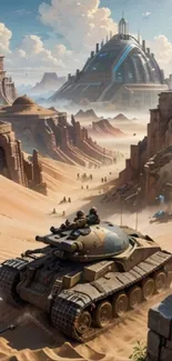 Futuristic tank in a desert landscape with a towering sci-fi city.