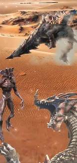 Epic desert battle with fierce creatures in a sandy landscape.