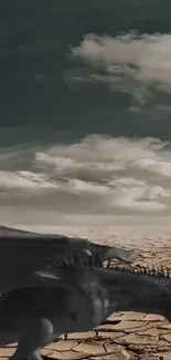 Majestic dragon crossing an arid desert with dramatic cloud-filled sky.