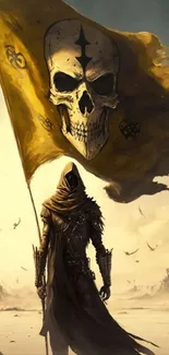 Mysterious figure with skull flag in epic desert scene.