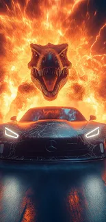 Fiery dinosaur looms over a parked car.