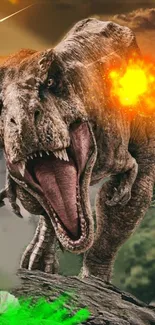 Fierce T-Rex roaring in jungle with explosion in mobile wallpaper.