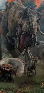 Epic dinosaur wallpaper with T-rex and humans in bubble.