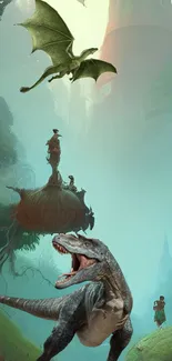 Epic scene with dinosaur and flying dragon against a turquoise backdrop.