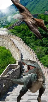 Dinosaur and eagle at Great Wall of China in natura} setting.