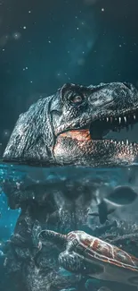 Dinosaur emerging from ocean with marine life.