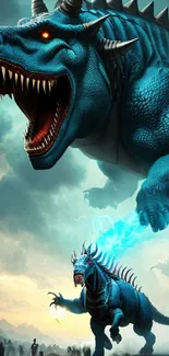 Epic dinosaur battle scene with vivid colors and dynamic action.