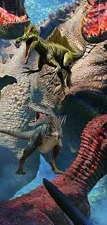 Dynamic dinosaur battle wallpaper for mobile, featuring fierce prehistoric creatures.