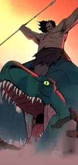 Epic animated dinosaur battle with spear-wielding warrior against vibrant sunset.